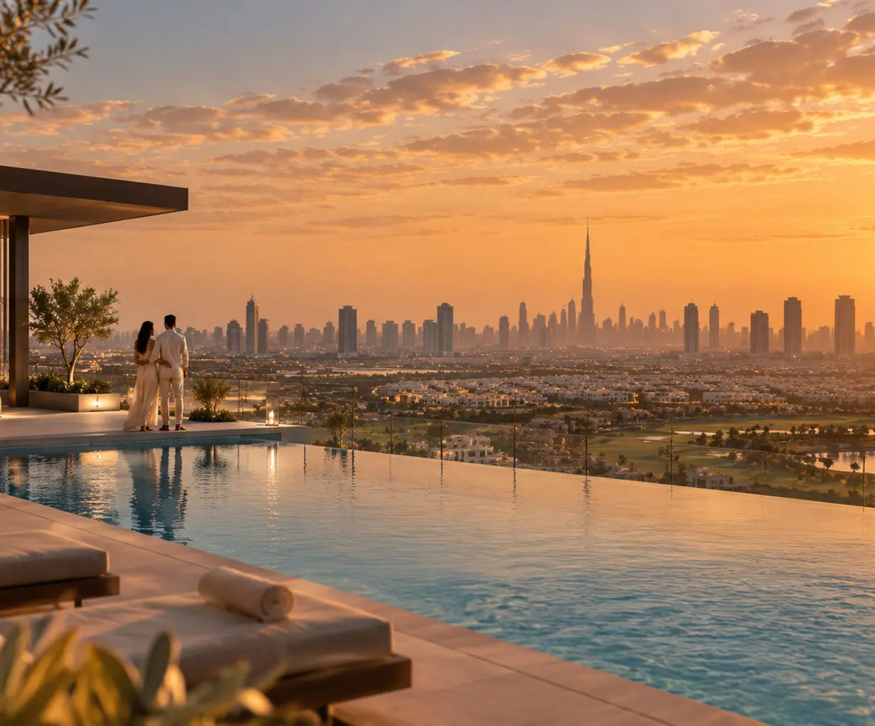 Infinity pool overlooking the Dubai skyline at sunset