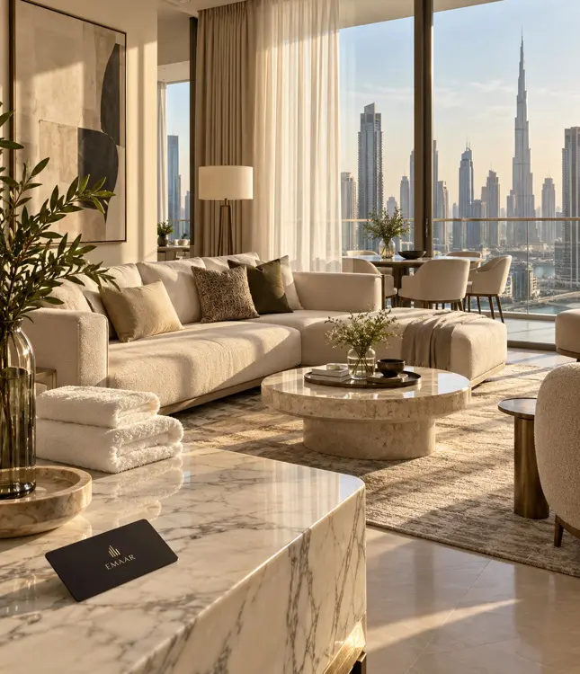 Living room with floor-to-ceiling windows and a view of the city